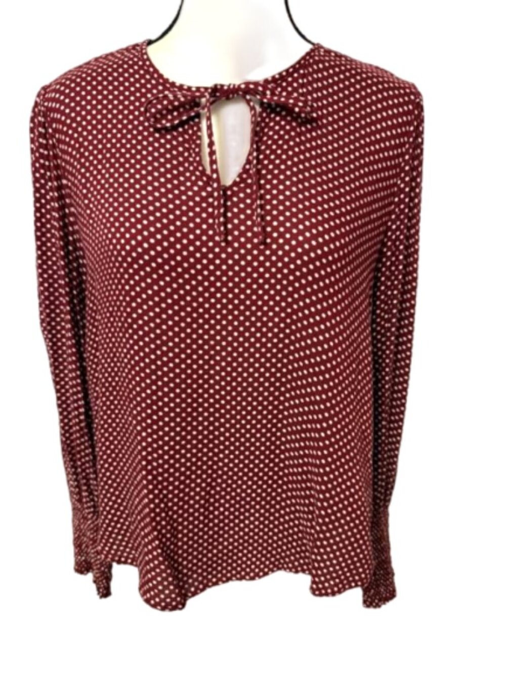 2/$30 Lucky Brand Burgundy Polka Dot Tie-Neck Blouse Size M #2443